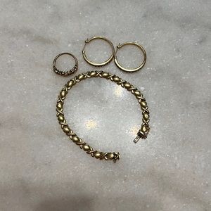 Gold bracelet, ring and diamond earrings